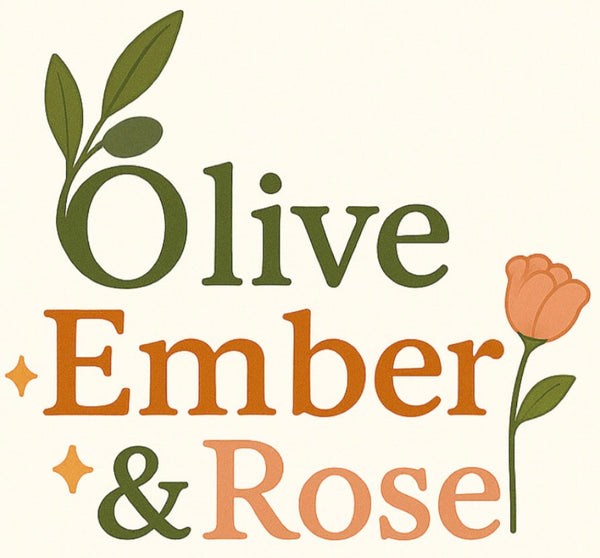 Logo with 'Olive Ember & Rose' text and floral elements on a white background
